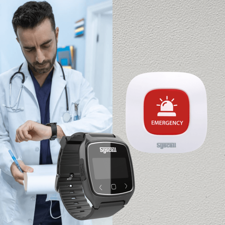 Hospital call system pager with emergency button