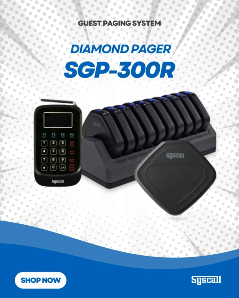 Syscall Diamond Pager SGP-300R guest paging system with charging base for restaurants and clinics.