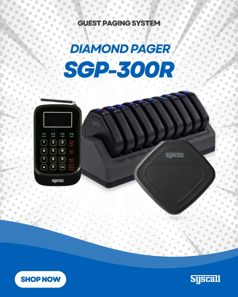 Syscall Diamond Pager SGP-300R guest paging system with charging base for restaurants and clinics.