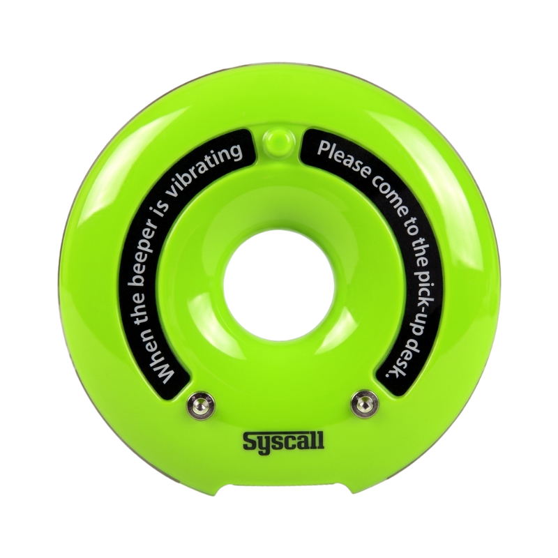 lime green doughnut-shaped guest pagers with central branding space.
