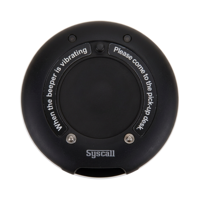 Stacked Syscall coaster pagers for restaurant guest paging system.