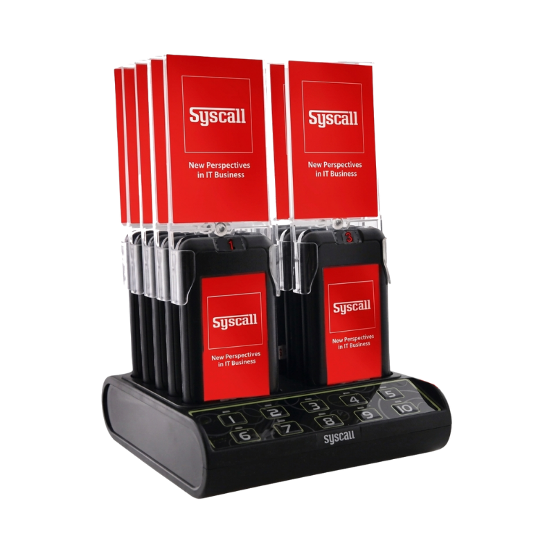 All-in-one guest paging system with integrated transmitter and charging base.